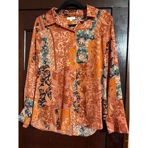 Alex & Lili Womens Patchwork Paisley Floral Button Down Shirt Orange Rust Large